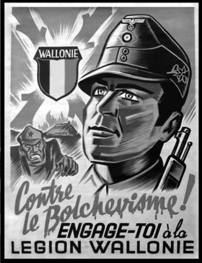 Leono Degrellės knygos „Rusijos kampanija. Valonų savanoriai Rytų fronte“ iliustracija:  „Prieš bolševizmą!“ propagandinis plakatas, raginantis valonus stoti į savanorių legioną