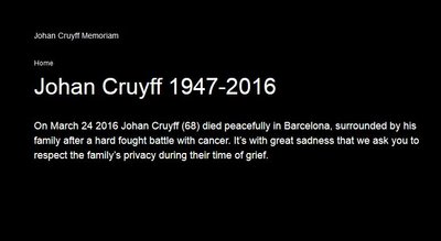 Žinia apie Johano Cruyffo mirtį oficialioje jo interneto svetainėje