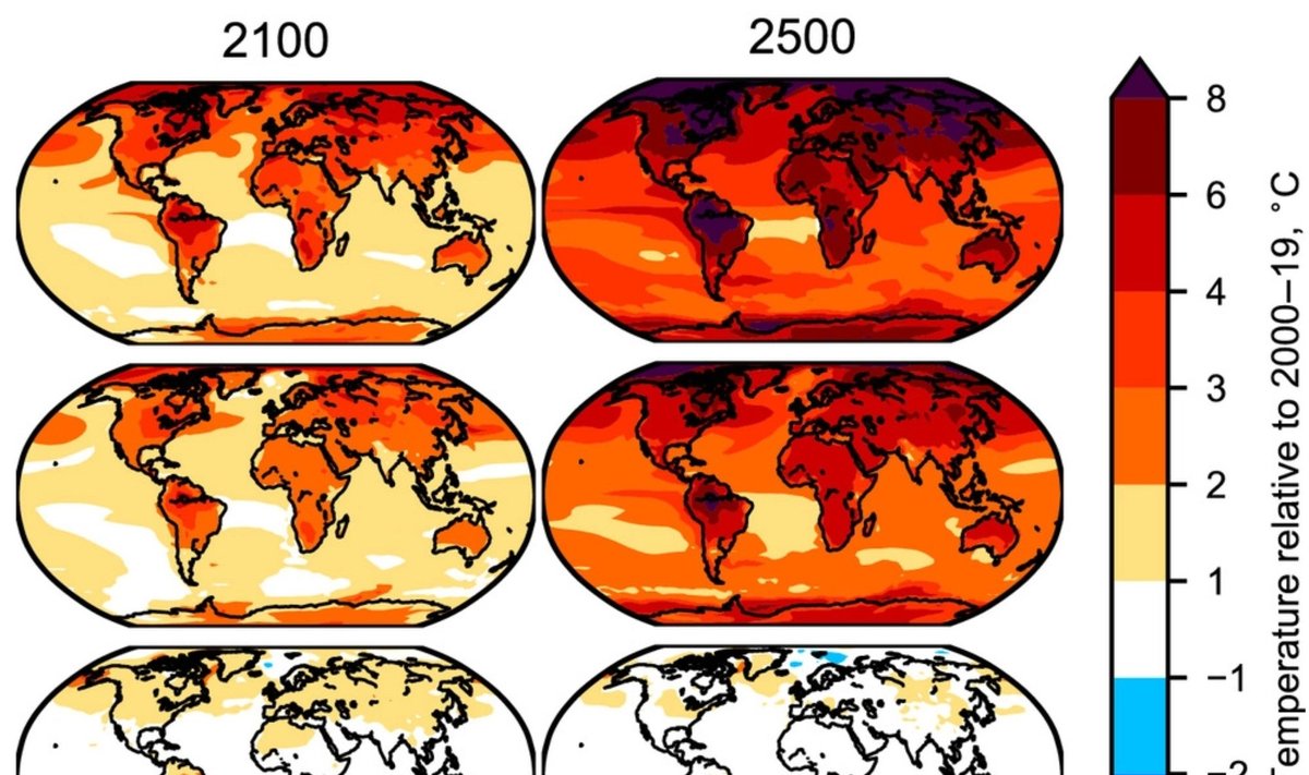 Prognozuojamos temperatūrų anomalijos ir pokyčiai planetoje. James McKay/Global Change Biology iliustr.