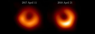 M 87* vaizdai iš EHT stebėjimų, atliktų 2017 m. balandžio 11 d. ir 2018 m. balandžio 21 d. EHT nuotr.