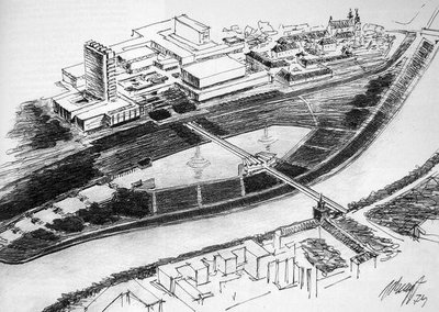 7 pav. Naujasis miesto centras, chrestomatinis A.Nasvyčio piešinys 1974 m.