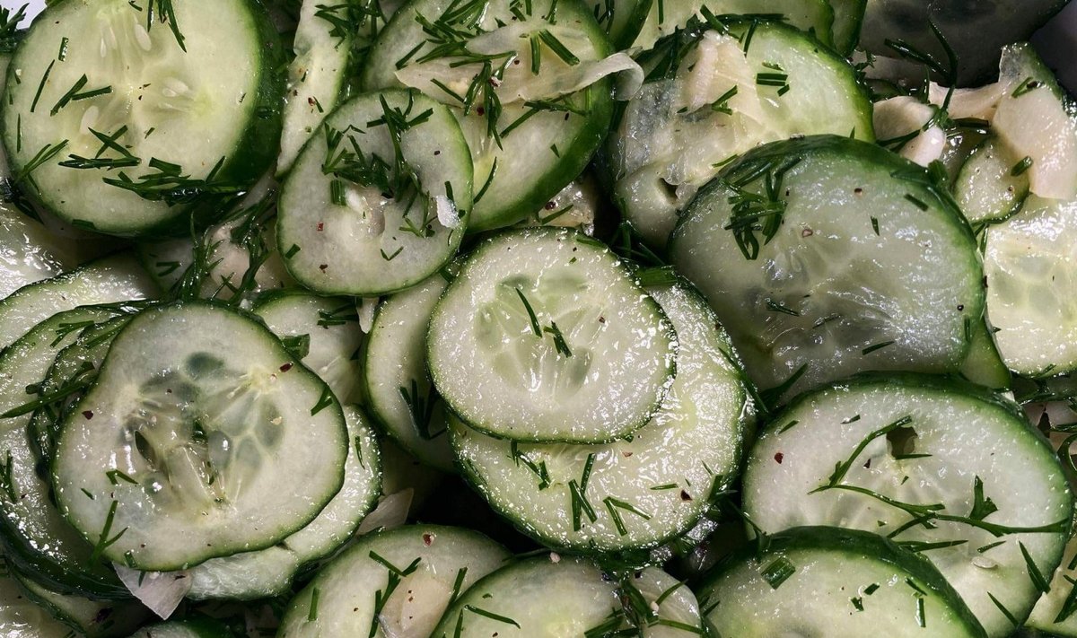 Gaivios agurko ir marinuoto imbiero salotos prie grilio patiekalų