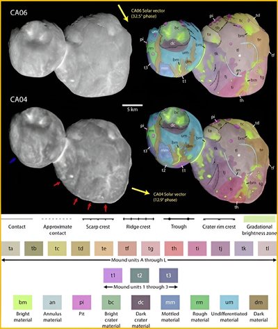 Identifikuoti Arrokoth sudedamieji akmenys ir kitos paviršiaus struktūros. Šaltinis: Southwest Research Institute