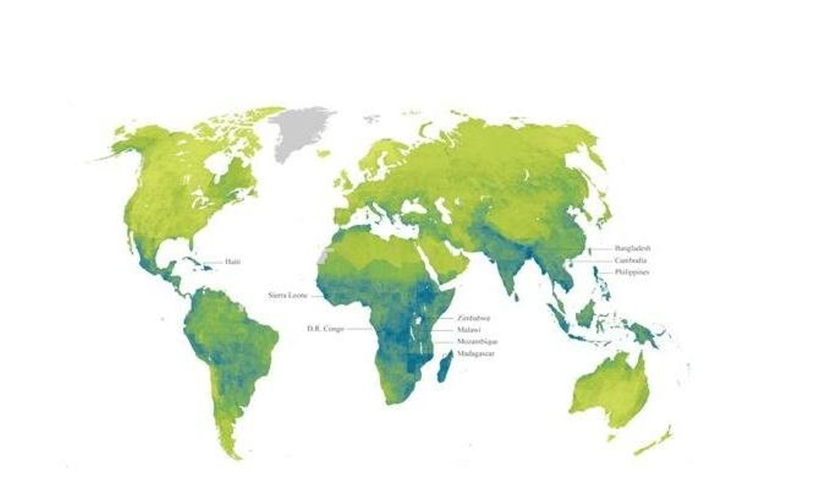 Tamsiai mėlyna spalva pažymėtos valstybės, kurių dėl klimato kaitos patiriama rizika vertinama kaip ekstremali. Šviesesne melsva spalva pažymėtos didelės rizikos, tamsiai žalia -  vidutinės rizikos, gelsvai žalsva - žemos rizikos valstybės. Pilkai nuspalvintos teritorijos, apie kurias duomenys nesurinkti.