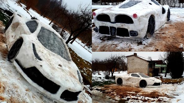 Lietuviai iš sniego nusilipdė „Ferrari“: sulaukė tūkstančių dėmesio