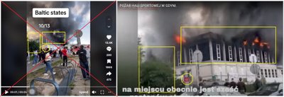 Kairėje – kadras „TikTok“ paskelbto įrašo, kuriame teigiama, kad gaisras vyksta Baltijos šalyse spalio 13 d.; dešinėje – kadras iš Gdynės mieste, Lenkijoje, vykusio gaisro. Pažymėti elementai parodo, kad abiejuose įrašuose nufilmuotas tas pats pastatas