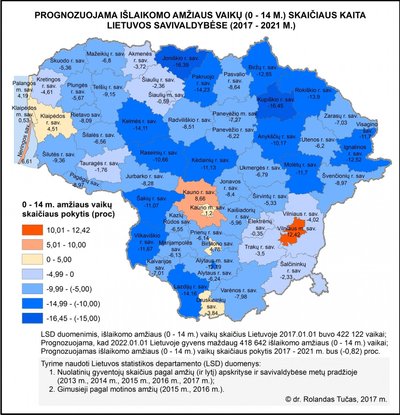 Prognozuojama išlaikomo amžiaus vaikų (0–14 m.) skaičiaus kaita Lietuvos savivaldybėse (2017–2021 m.).