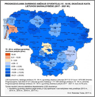 Prognozuojama darbingo amžiaus gyventojų (15–64 m.) skaičiaus kaita Lietuvos savivaldybėse (2017–2021 m.).