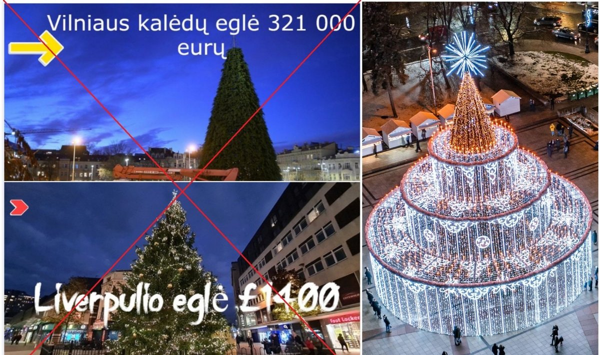 Kairėje – klaidinanti žinutė, dešinėje – įžiebta Vilniaus Kalėdų eglė