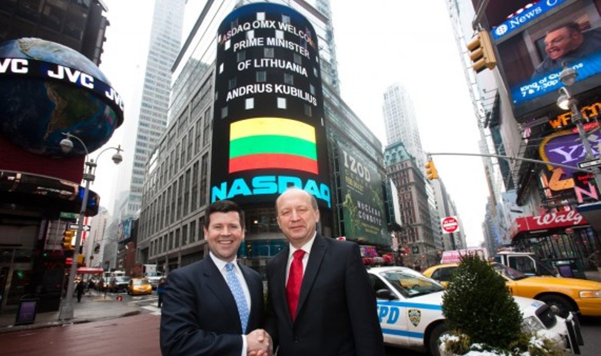 Premjeras A. Kubilius Niujorke atidarė NASDAQ biržos prekybos sesiją. NASDAQ OMX nuotr.