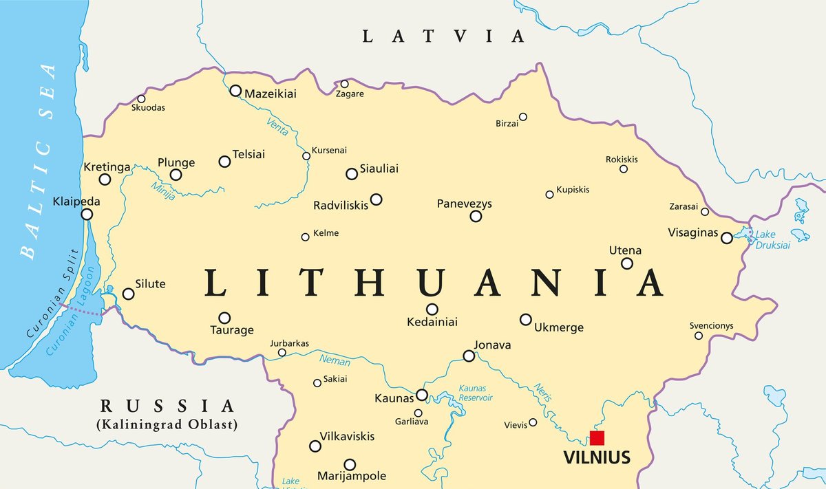 Lietuvos žemėlapis. Kuršių marias Lietuva dalinasi su Rusija