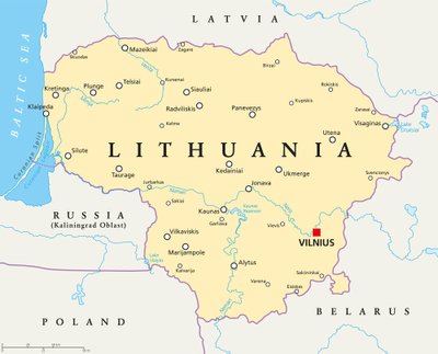 Lietuvos žemėlapis. Kuršių marias Lietuva dalinasi su Rusija