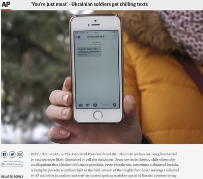 2017 metais užfiksuotame kadre televizijos žurnalistė Julija Kirienko rankose laiko telefoną su žinute "Ukrainos kariai, jie ras jūsų kūnus, kai nutirps sniegas"