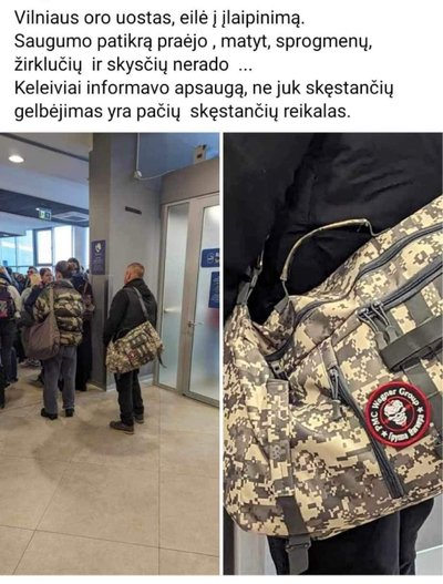 Vilniaus oro uoste buvo pastebėtas asmuo, ant kurio krepšio prisiūtas antsiuvas su Rusijos privačios karinės grupuotės „Wagner“ simbolika. Gyventojo inf.