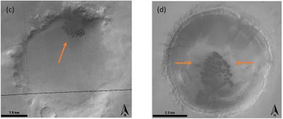 Marso smūginiai krateriai su kopomis, susitelkusiomis ties kraterio pakraščiu, kur reljefas yra lėkštesnis, palyginti su gilesniame krateryje esančiomis kopomis, susitelkusiomis centre.  Nuotr. Geophysical Research Letters (2023).
