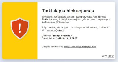 Pranešimas „Tinklalapis blokuojamas“