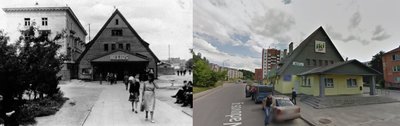 Kairėje – Vienuolio gatvėje stovėjęs kino teatras, dešinėje – tas pats kinoteatras Varduvos gatvėje šiandien