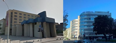 Kairėje – naujas ir dabar nugriautas, dešinėje – naujas ir naujai pastatytas biurų namas Gynėjų gatvėje Vilniuje