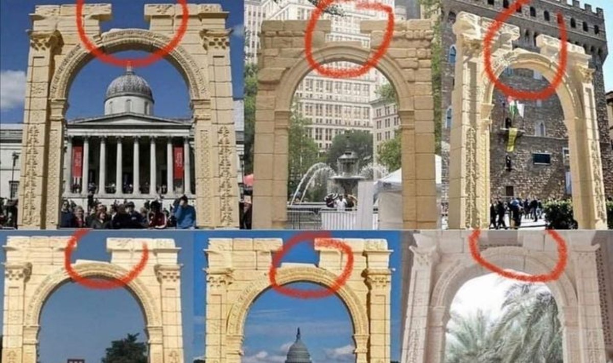Koliaže atsidūrė skirtinguose miestuose eksponuoja 3D spausdintuvo sukurta Palmyros triumfo arkos kopija