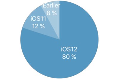 Per ketverius metus pristatytų „Apple“ įrenginių sistemų palaikymas procentaliai. Šaltinis: https://developer.apple.com/support/app-store/