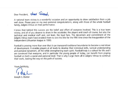 Josepho S. Blatterio sveikinimo laiškas
