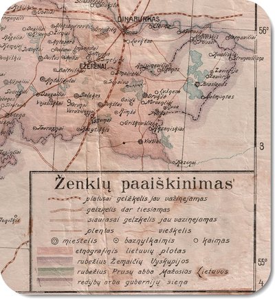 Fragmentas iš 1919 m. J. Franckevičiaus išleisto žemėlapio Žemlapis Žemaičių vyskupijos su etnografiniu lietuvių plotu