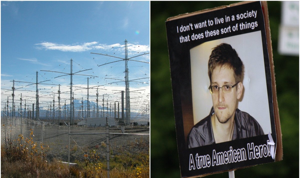 HAARP antenų kompleksas (kairėje) ir E. Snowdeno fotografija plakate iš protesto Berlyne