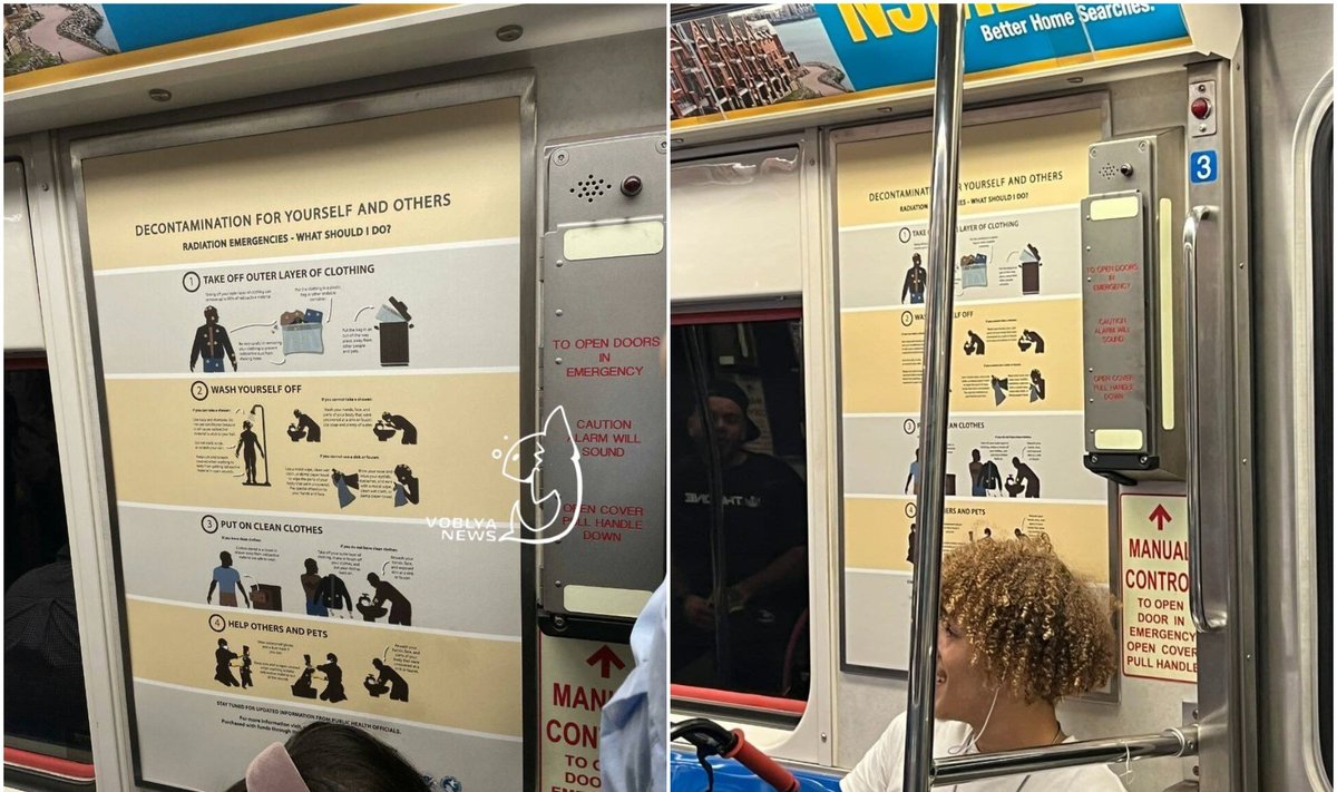 Plakatai, nurodantys, kaip apsaugoti save radiacinės avarijos metu JAV metro traukinyje