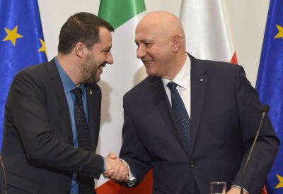 Italijos vicepremjeras Matteo Salvini ir  Lenkijos vidaus reikalų ministras Joachimas Brudzinskis