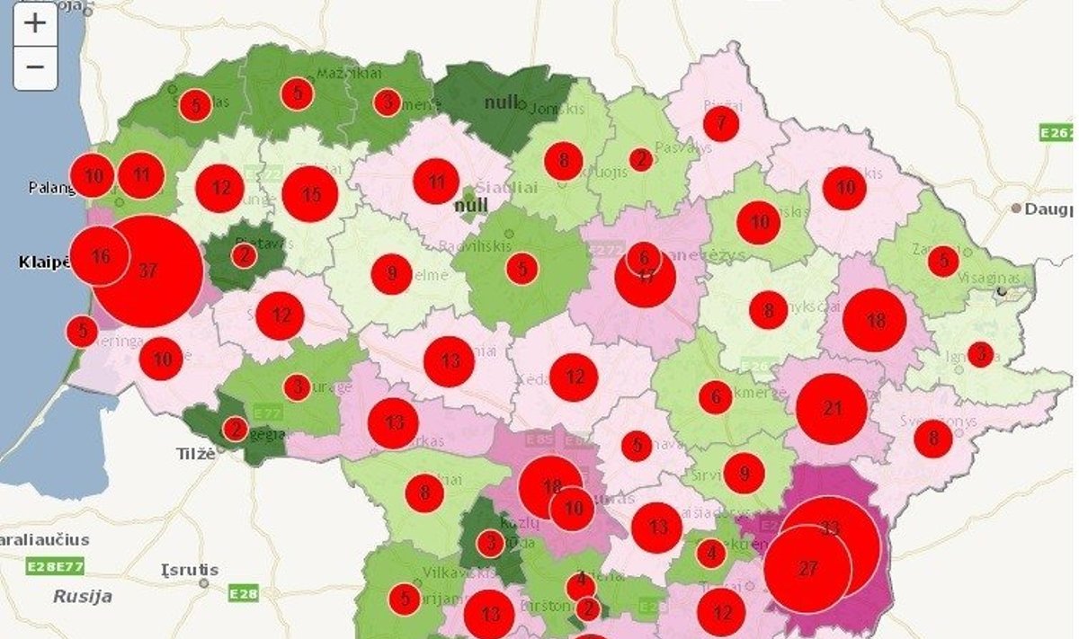 VAAT žemėlapis parodo, kiek gyventojų pranešimų apie pažeidimus gaunama