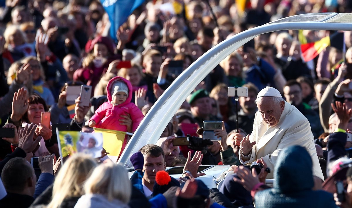 Pope Francis arrives at the Santaka Park in Kaunas