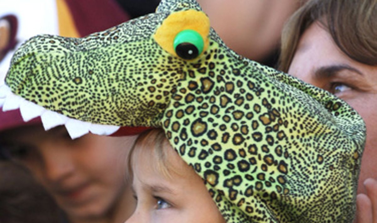 Berniukas, apsirengęs krokodilo kostiumu, dalyvauja S.Irwino laidotuvių ceremonijoje.