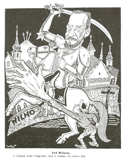 Lenkų satyrinio žurnalo „Mucha“ karikatūra „Pod Wilnem“. Mucha, 1927, nr. 44