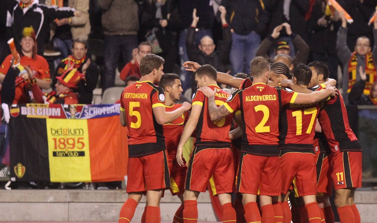 Belgijos futbolo rinktinės žaidėjai džiaugiasi 