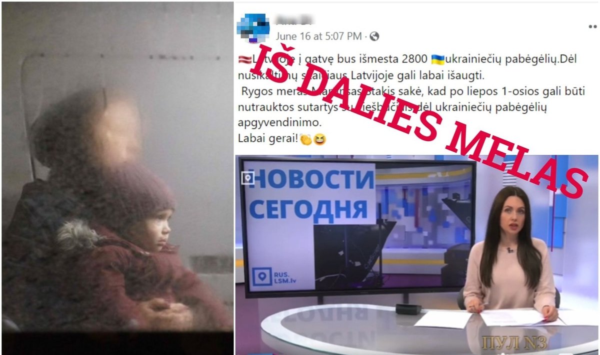 Kairėje – karo pabėgėliai iš Ukrainos, dešinėje – klaidinanti žinutė