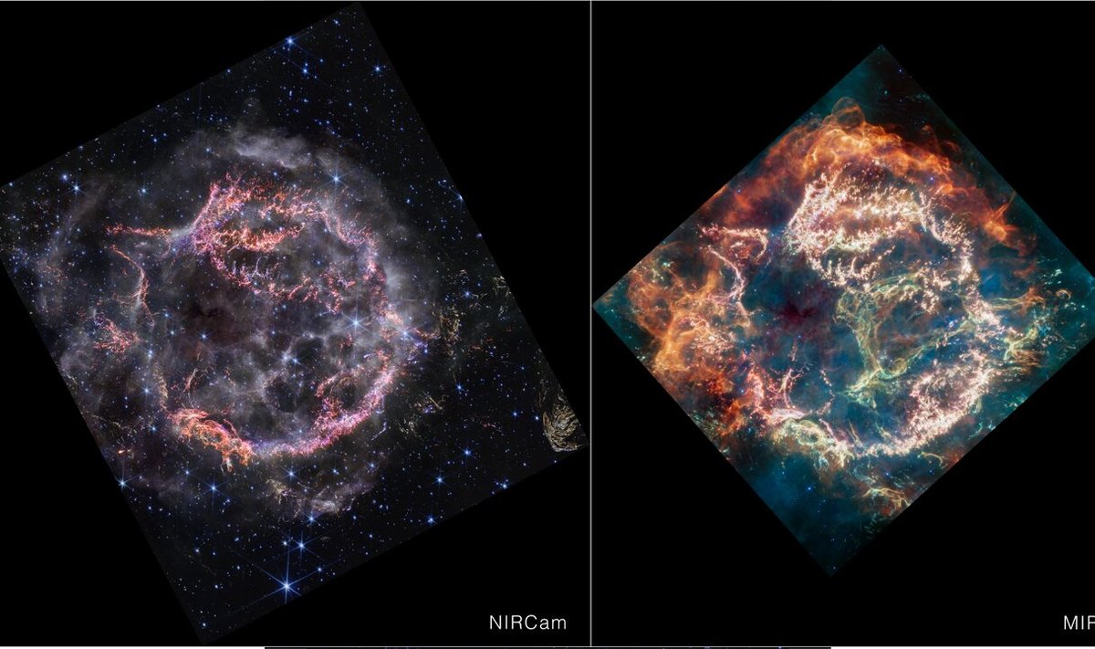 Supernovos liekana Kasiopėjos A artimųjų (kairėje) ir vidurinių (dešinėje) infraraudonųjų spindulių ruože. Šaltinis: NASA, ESA, CSA, STScI, Danny Milisavljevic (Purdue University), Ilse De Looze (UGent), Tea Temim (Princeton University)