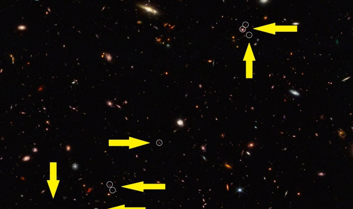 Jameso Webbo teleskopu tyrinėdami labai tolimus kvazarus, prie vieno jų astronomai aptiko dešimties galaktikų telkinį. NASA, ESA, CSA, Feige Wang (University of Arizona), and Joseph DePasquale (STScI) nuotr.