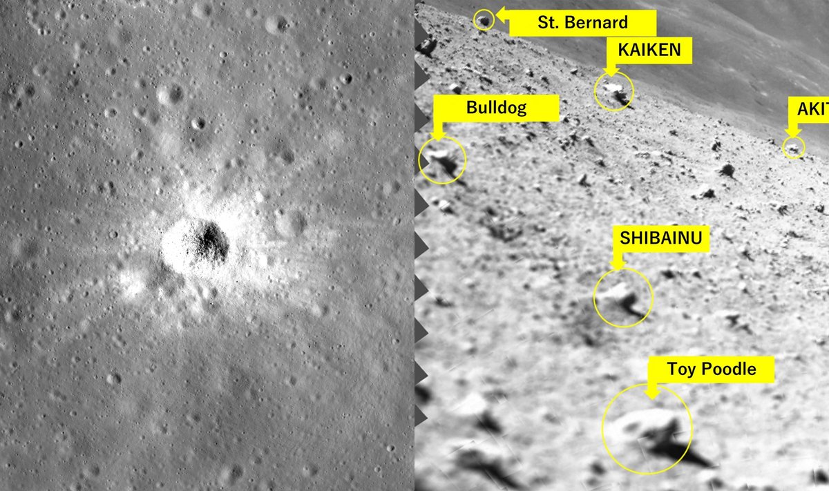 Japonijos erdvėlaivis sėkmingai nusileido Mėnulyje ir atsiuntė pirmąsias nuotraukas iš Shioli kraterio. Scanpix/JAXA/NASA LRO nuotr.