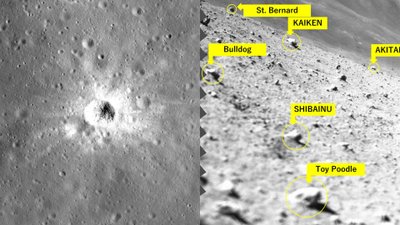 Japonijos erdvėlaivis sėkmingai nusileido Mėnulyje ir atsiuntė pirmąsias nuotraukas iš Shioli kraterio. Scanpix/JAXA/NASA LRO nuotr.