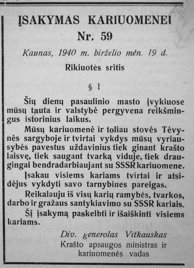Vienas iš spaudoje skelbtų generolo V. Vitkausko įsakymų nesipriešinti. „Karys“, 1940 m.birželio 20 d. Nr. 25.