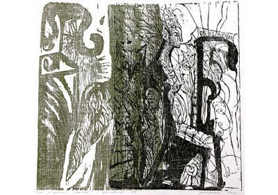 Jolanta Sereikaitė. Iš ciklo  „Mitologinė žemė“. Atėnė Paladė. 2006. Spalvotas medžio raižinys; 52 x 49