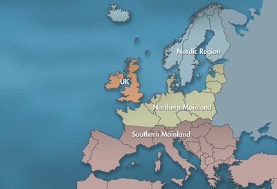 Europos regionai, kuriuos išskiria WSI. Keturios sritys išskirtos skirtingomis spalvomis.