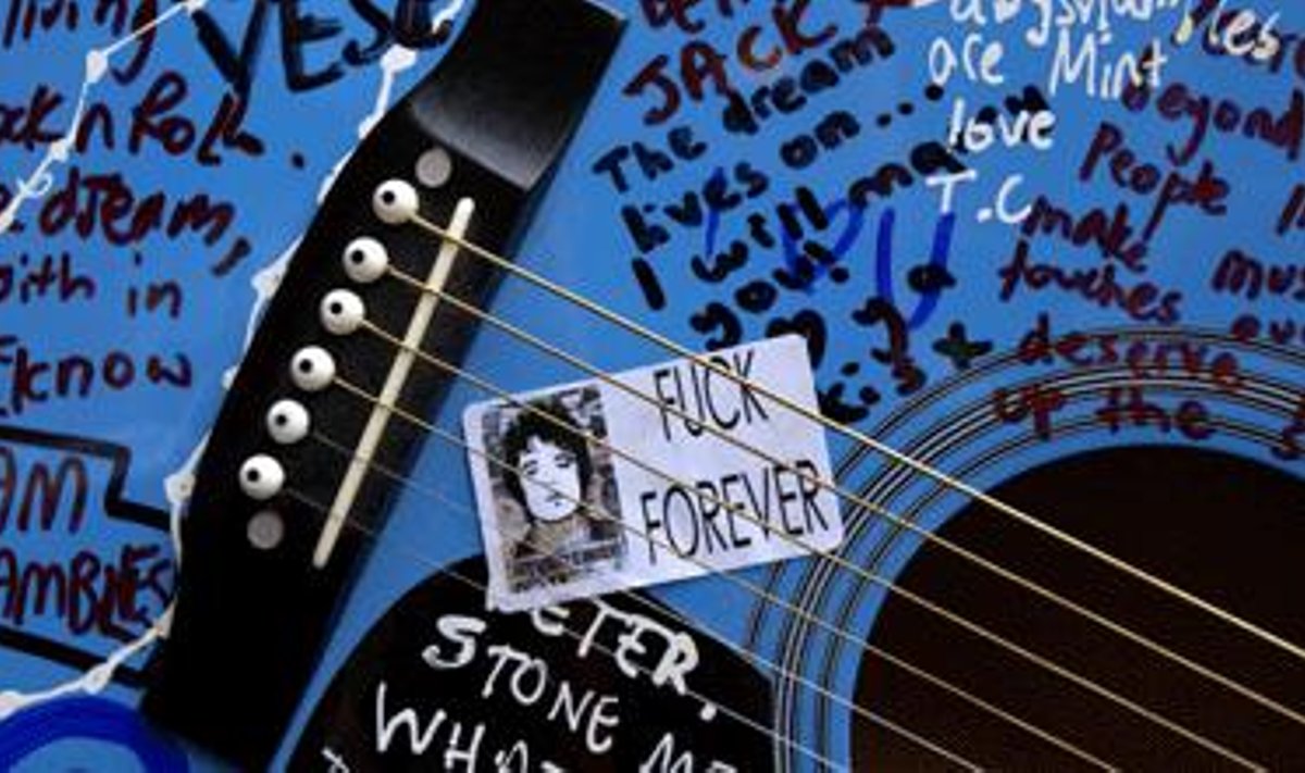 Muzikanto Pete Doherty fanai prie teismo durų atnešė jam dovaną - linkėjimais aprašinėtą gitarą. Tačiau P.Doherty teisme net nepasirodė