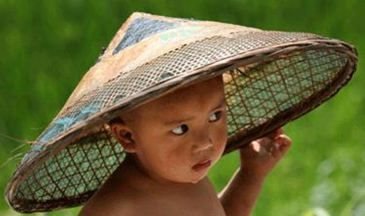 Vaikas stebi, kaip jo tėvai dirba Podžiao kaimelio laukuose, Kinijoje. 
