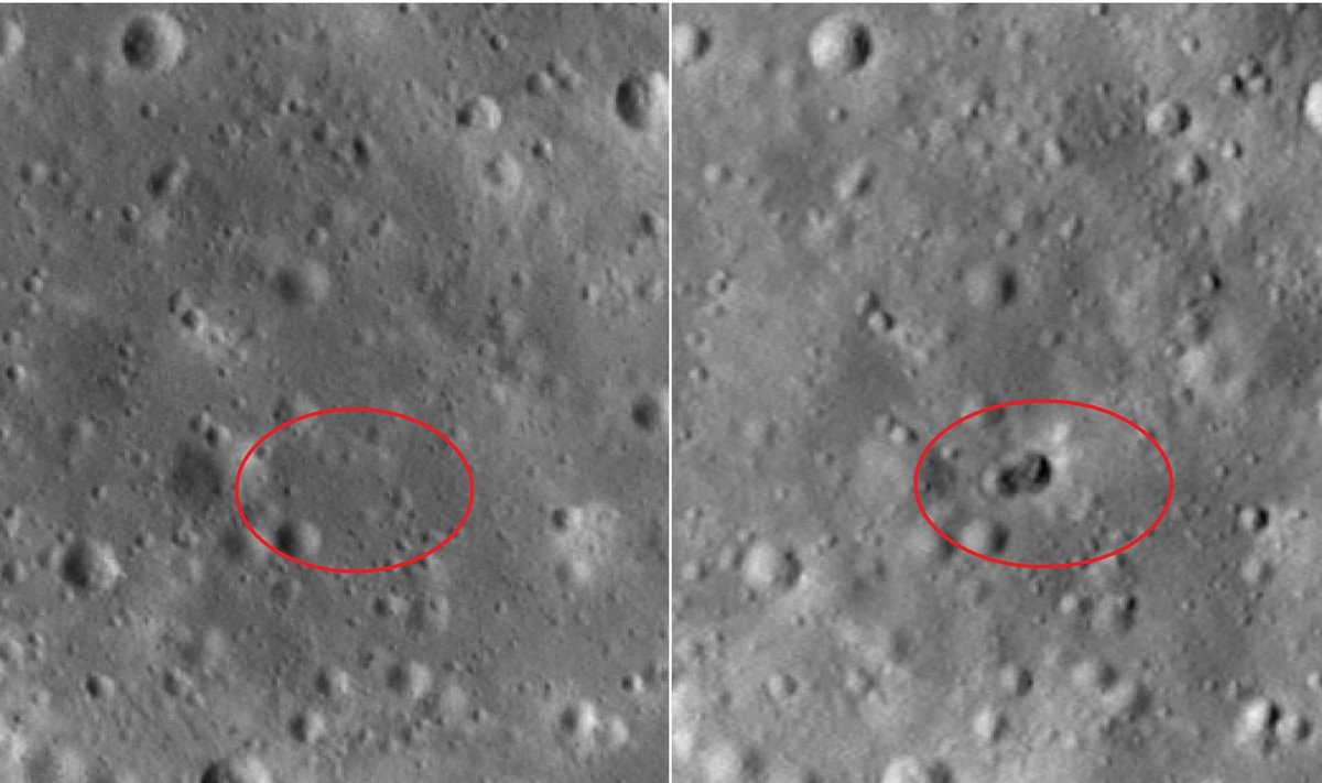 Mėnulio paviršius ir krateriai prieš ir po neatpažintos raketos smūgio. NASA/GSFC/Arizona State University