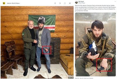 Ukrainos ginkluotosiose pajėgose kovojantis čečėnas Rustamas Ažijevas. Nuotraukose matyti, kad jis netekęs dviejų kairės rankos pirštų