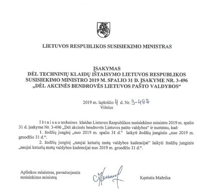 Susisiekimo ministerijos įsakymai dėl Lietuvos pašto valdybos atleidimo