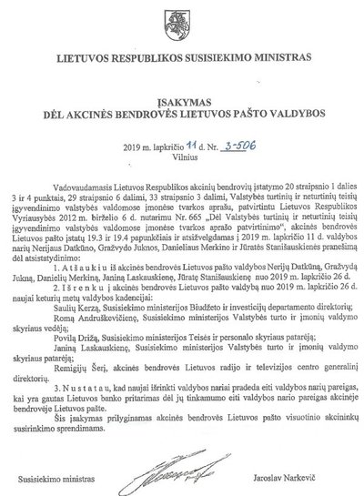 Susisiekimo ministerijos įsakymai dėl Lietuvos pašto valdybos atleidimo