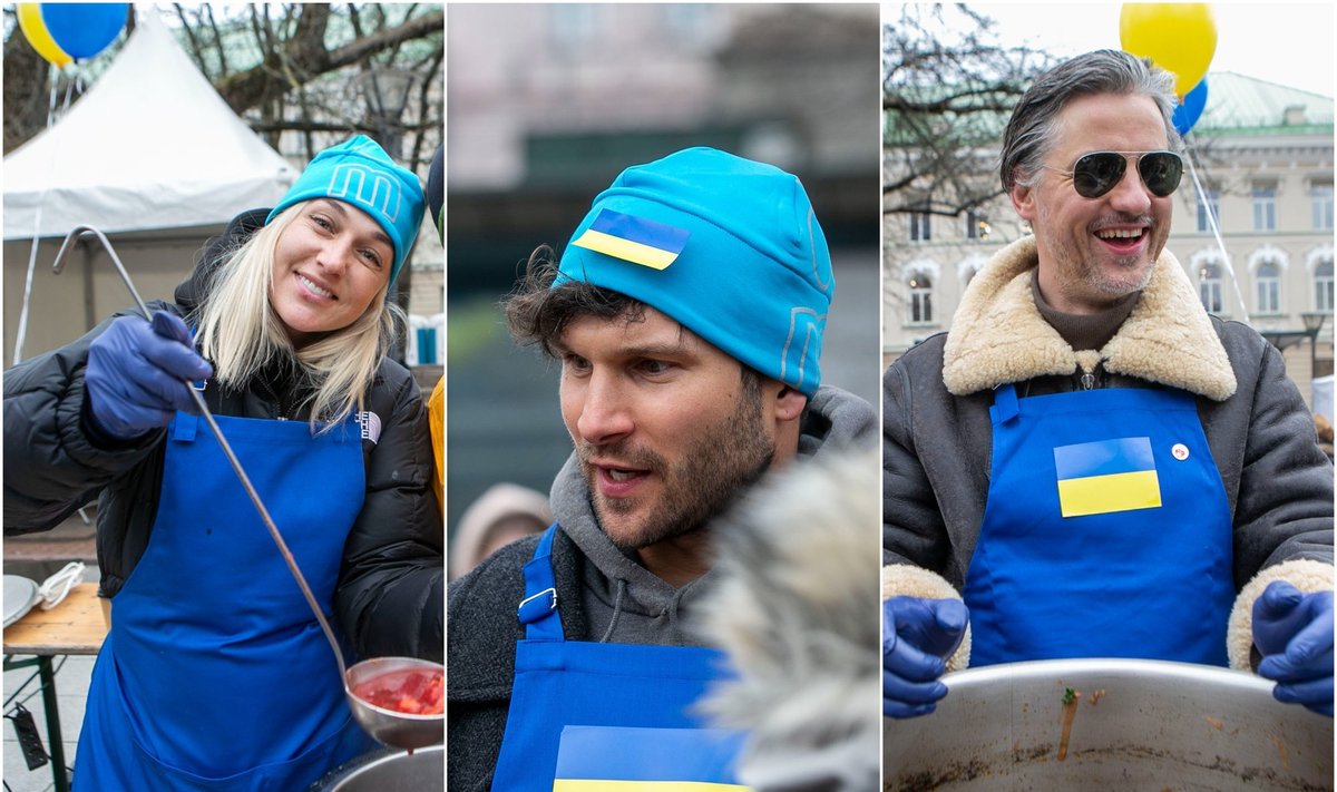 Žinomi lietuviai sukosi prie puodų: paramos Ukrainai akcijoje vilniečiams pilstė barščius / Foto: Orestas Gurevičius