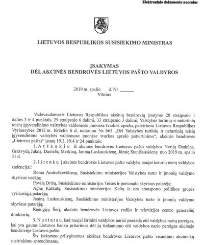 Susisiekimo ministerijos įsakymai dėl Lietuvos pašto valdybos atleidimo